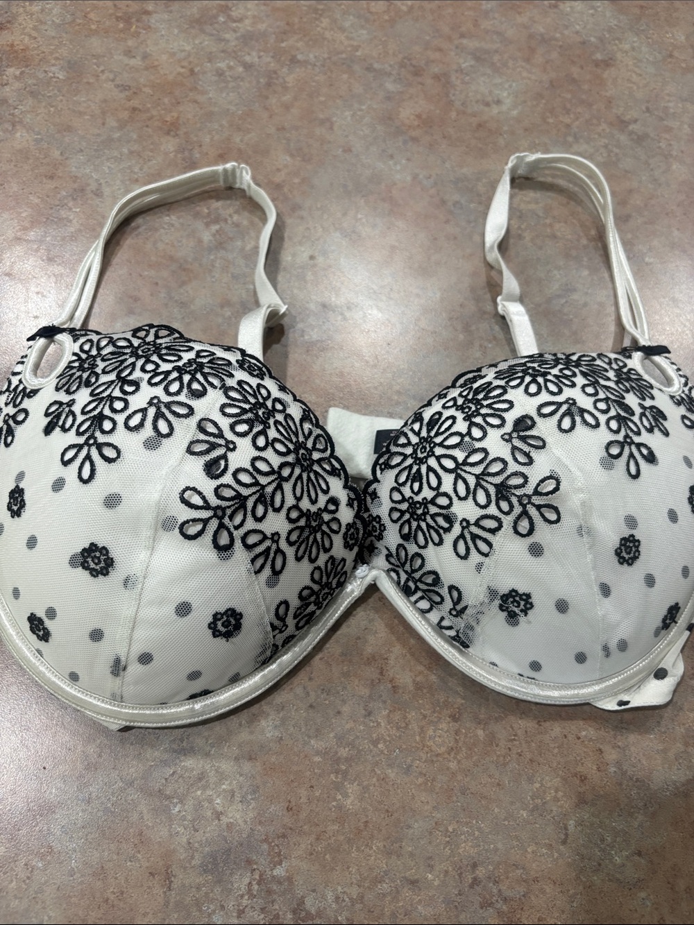 Victoria's Secret White Bra with Black Floral Embroidery